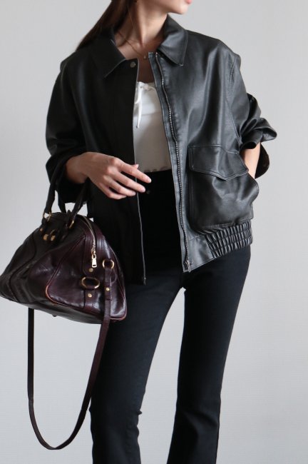 vintage like zip up shrink fake leather jacket / black - Madder ...