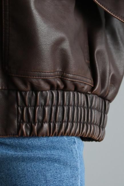 vintage like zip up shrink fake leather jacket / brown