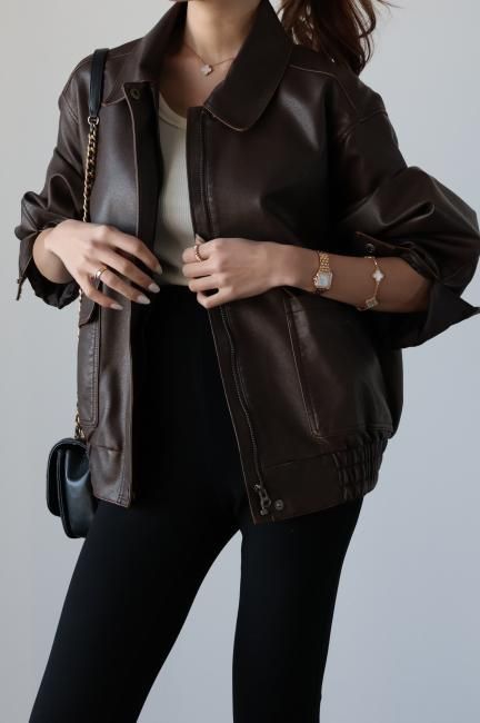 vintage like zip up shrink fake leather jacket / brown