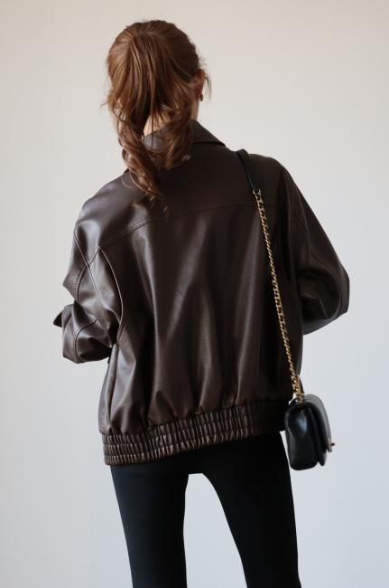 vintage like zip up shrink fake leather jacket / brown
