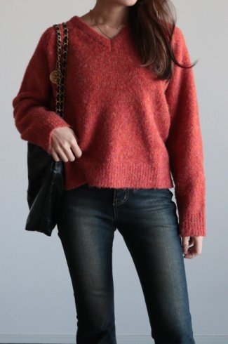 V neck raglan sleeves melange wool mix sweater / orange