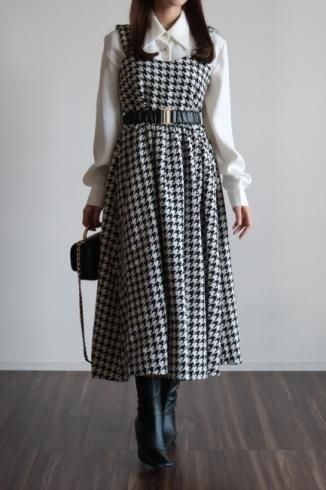 hounds tooth pattern high waist tweed jumper skirt (gather belt set)