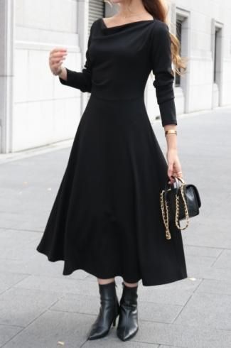 drape neck high waist long dress / black