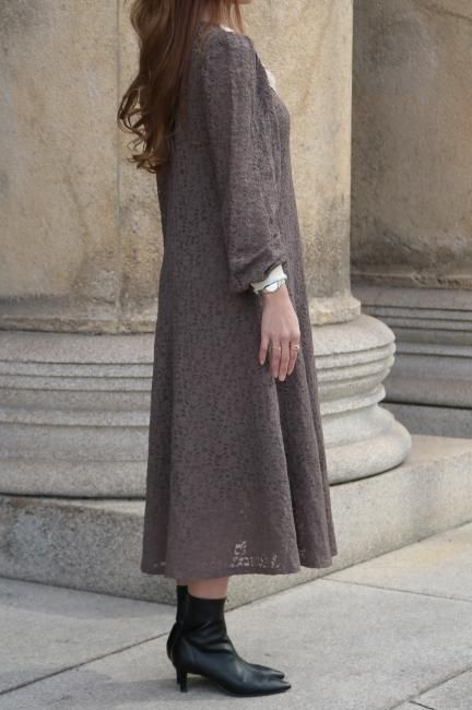 falling fur collar floral lace A line dress - Madder vintage