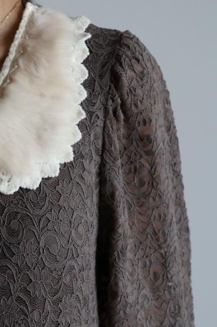 マダマダ maddermadder lace collar dress falling fur collar floral lace A line dress - Madder vintage