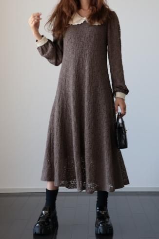 falling fur collar floral lace A line dress
