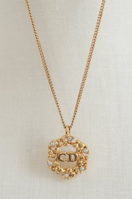 vintage】Christian Dior / CD logo icon & rhinestone top necklace 