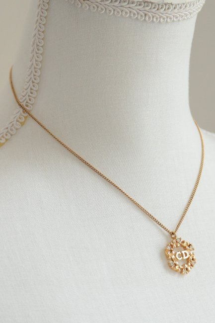 vintage】Christian Dior / CD logo icon & rhinestone top necklace