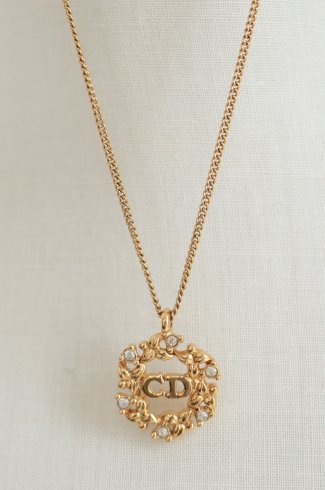 【vintage】Christian Dior / CD logo icon & rhinestone top necklace 