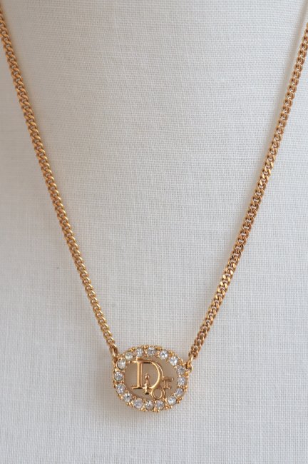【vintage】Christian Dior / ”Dior” rhinestone oval top necklace 