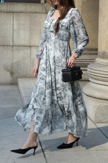 toile de jouy high waist chiffon dress / black - Madder vintage