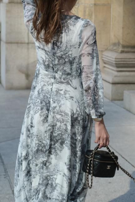 toile de jouy high waist chiffon dress / black - Madder vintage