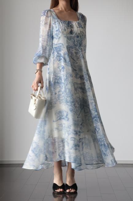 toile de jouy high waist chiffon dress / blue - Madder vintage