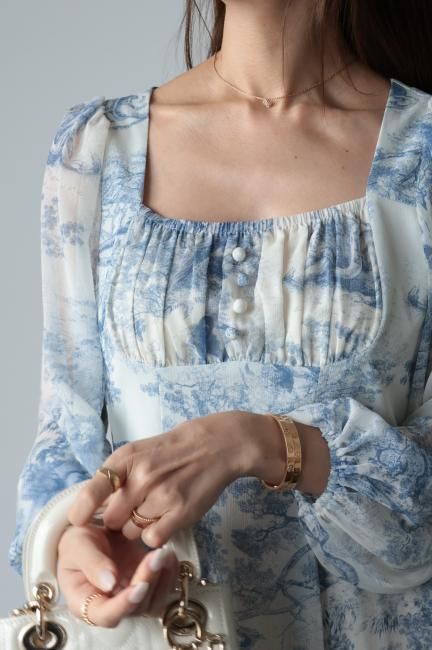 toile de jouy high waist chiffon dress / blue - Madder vintage