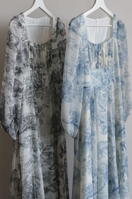 toile de jouy high waist chiffon dress / blue - Madder vintage