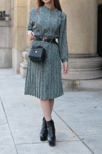 【vintage】stand collar paisley pleats dress