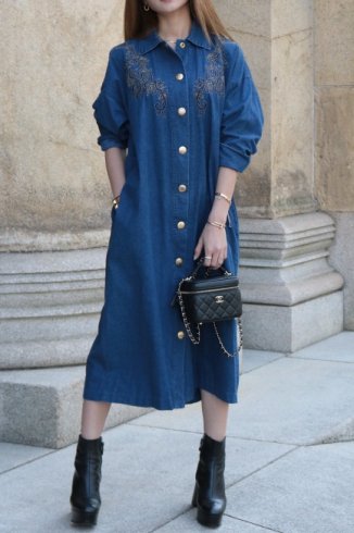 vintageivy embroidery long denim dress