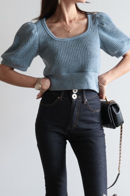 puff sleeve short rib knit tops / saxe blue - Madder vintage