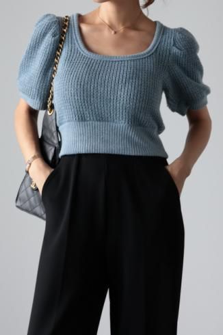 <img class='new_mark_img1' src='https://img.shop-pro.jp/img/new/icons56.gif' style='border:none;display:inline;margin:0px;padding:0px;width:auto;' />puff sleeve short rib knit tops / saxe blue