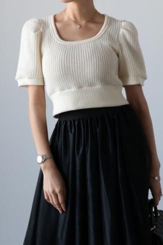 puff sleeve short rib knit tops / ivory