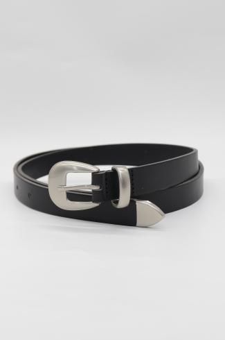 silver buckle leather belt / black