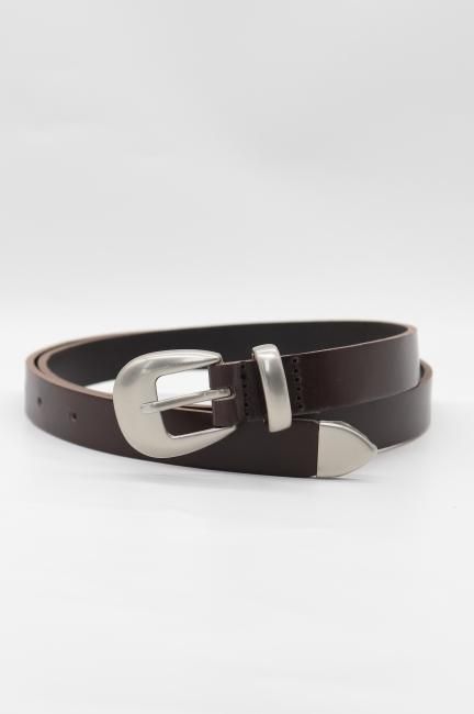 silver buckle leather belt / brown - Madder vintage
