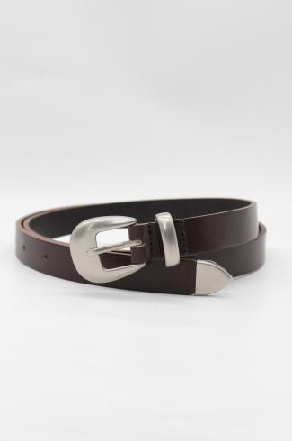 silver buckle leather belt / brown