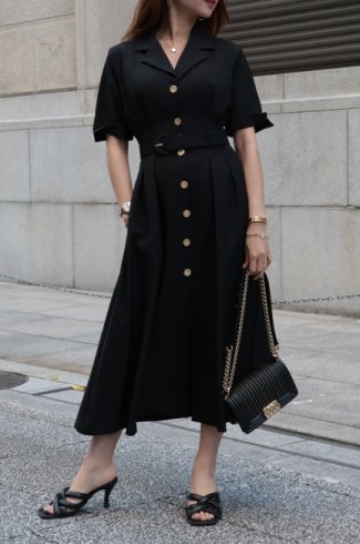 originalｰopen collar gold button retro dress / black