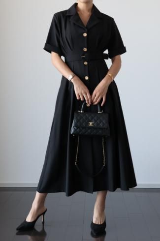 <img class='new_mark_img1' src='https://img.shop-pro.jp/img/new/icons56.gif' style='border:none;display:inline;margin:0px;padding:0px;width:auto;' />open collar gold button retro dress / black
