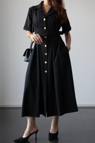 original - open collar gold button retro dress / black