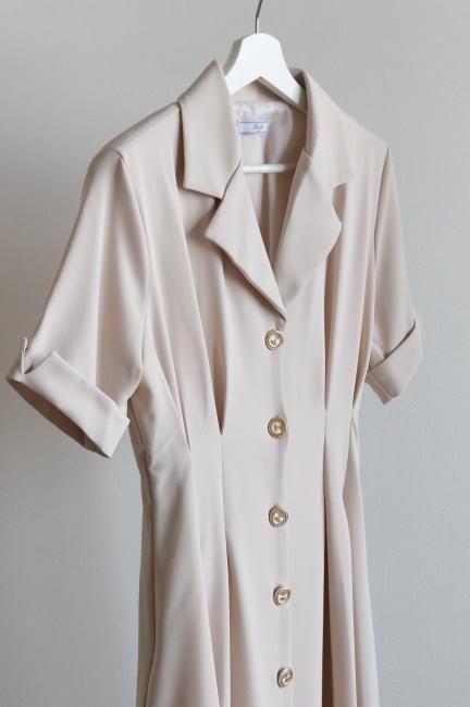 open collar gold button retro dress / ivory - Madder vintage