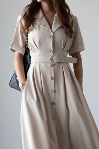 original - open collar gold button retro dress / ivory