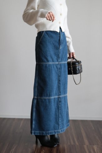 stitch design long straight denim skirt / blue
