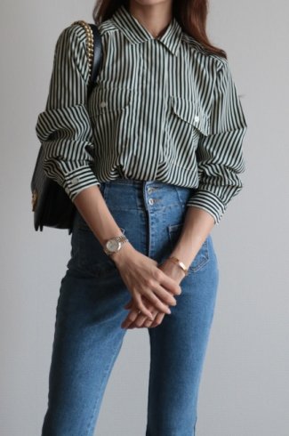 vintage90's open collar stripe blouse