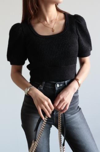 puff sleeve short rib knit tops / black