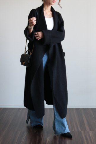 stand out collar rib knit gown coat / black