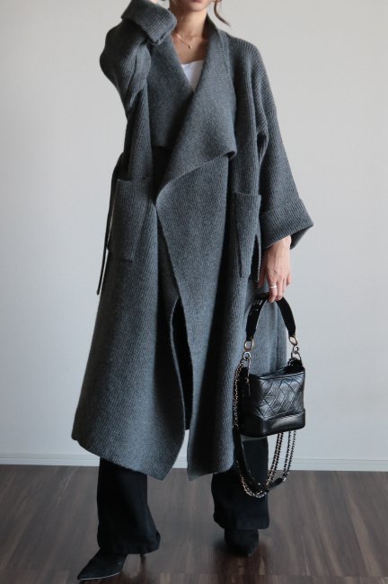 stand out collar rib knit gown coat / gray - Madder vintage