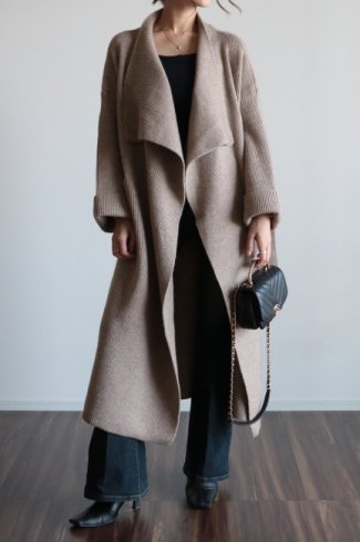 stand out collar rib knit gown coat / beige