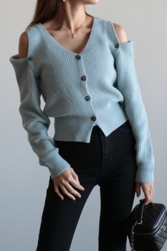 2way shoulder V neck knit cardigan / blue