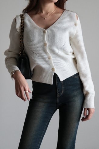 2way shoulder V neck knit cardigan / white