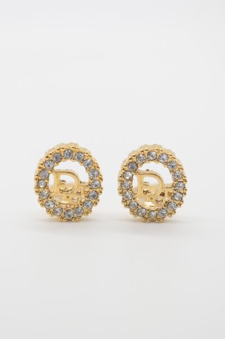 【vintage】Christian Dior / Dior logo oval rhinestone earrings 