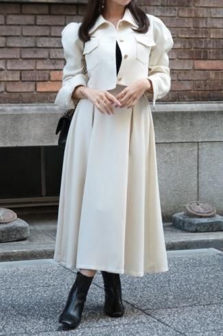 puff sleeve short jacket & tuck flare skirt set up / ivory