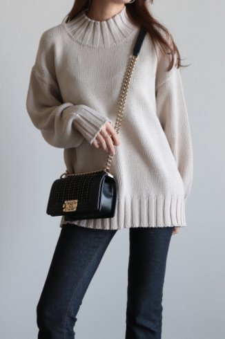 high neck low gauge cotton knit sweater / natural