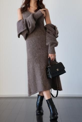 raccoon knit dress & short cardigan set up