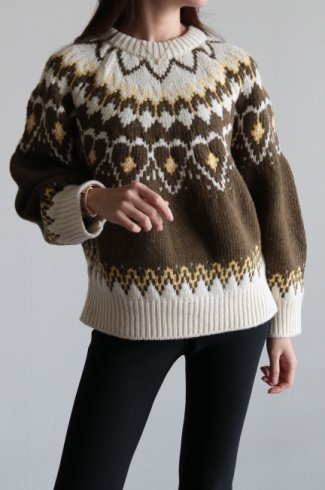 heart motif nordic pattern knit sweater / brownivory