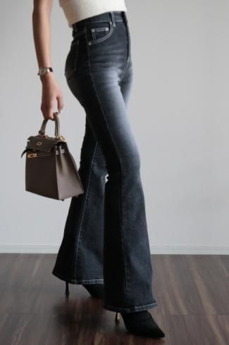 high waist shaving boots cut stretch denim pants / black