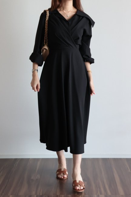 flat open collar drape high waist dress / black - Madder vintage