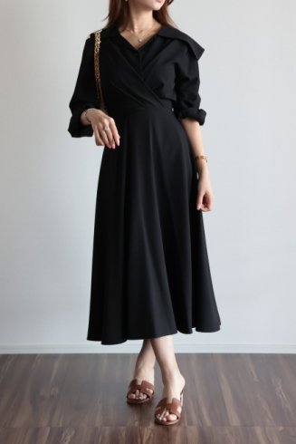 flat open collar drape high waist dress / black
