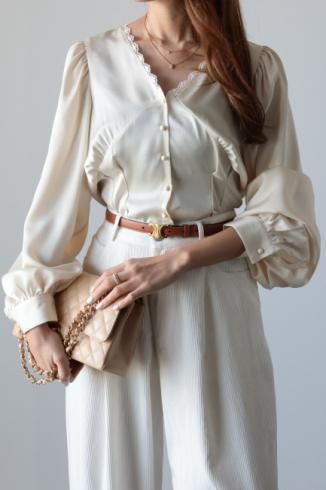 lace piping balloon sleeves blouse / ivory