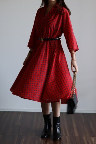 vintage90's ethnic square dots flare dress